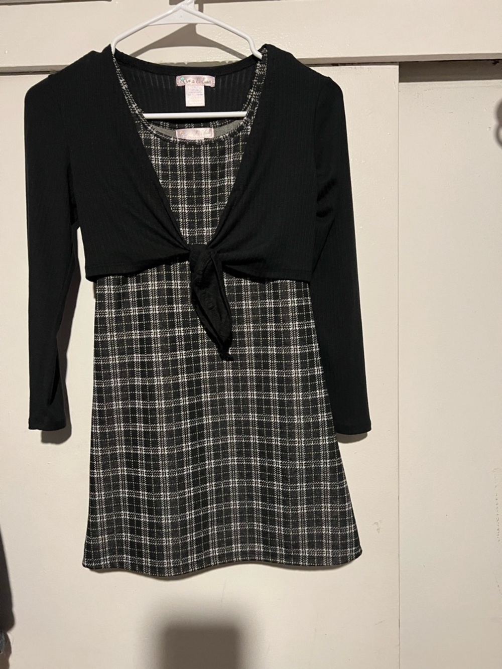 Girls Black Plaid Dress with Knit Tie Bolero